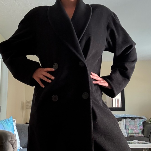 Anne Klein II Vintage Black Merino Wool and Angora Women’s Long Trench Pea Coat - Picture 13 of 16